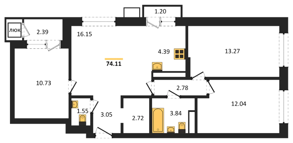 Планировка: 3-комн., 74,1 м²