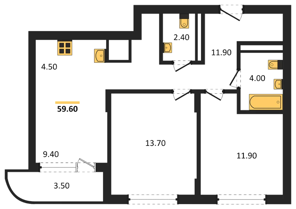 Планировка: 2-комн., 59,6 м²