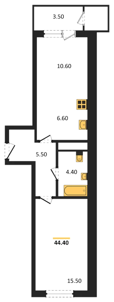 Планировка: 1-комн., 44,4 м²