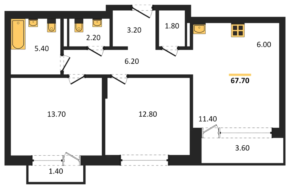 Планировка: 2-комн., 67,7 м²