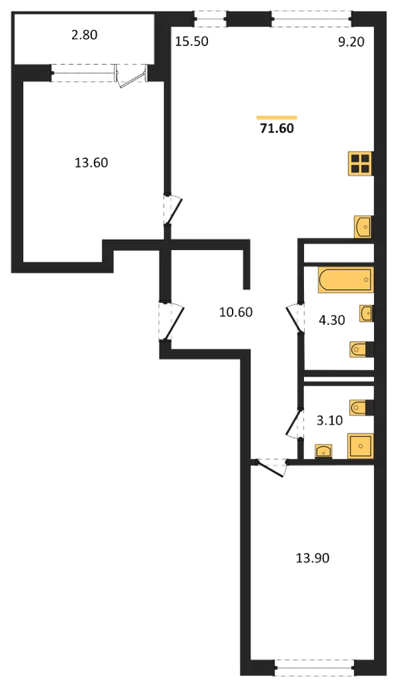 Планировка: 2-комн., 71,6 м²