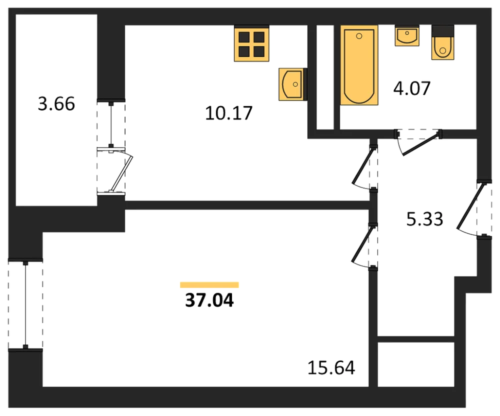 Планировка: 1-комн., 37 м²