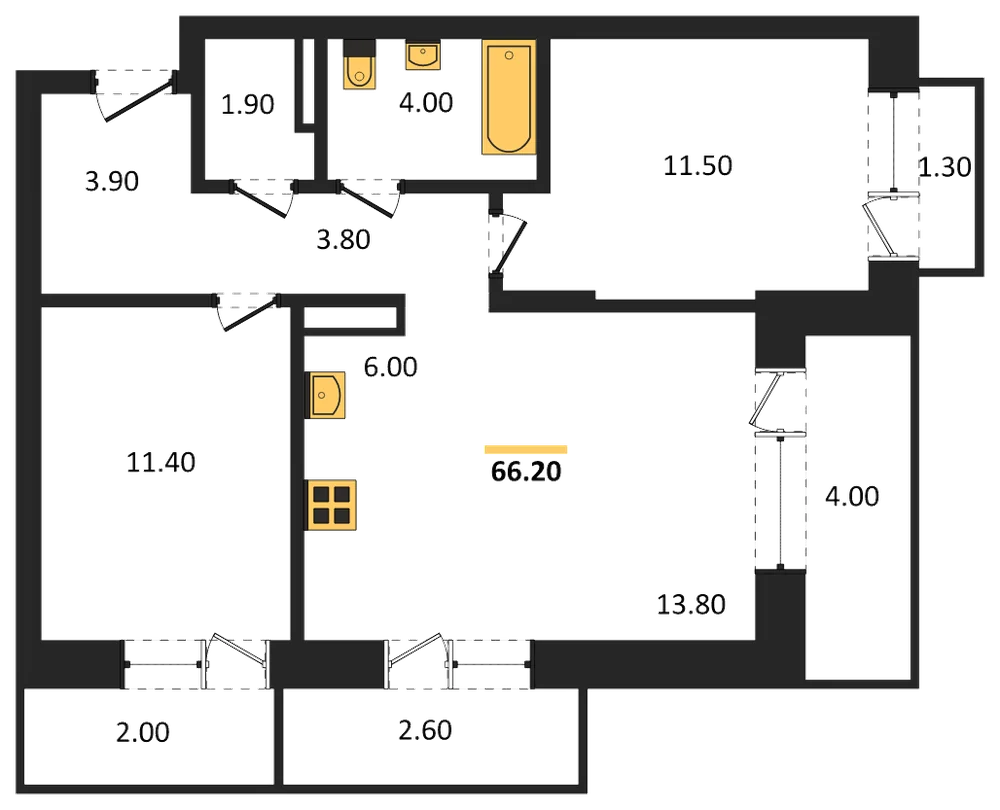 Планировка: 2-комн., 66,2 м²