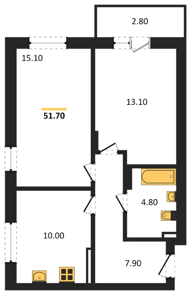 Планировка: 2-комн., 51,7 м²