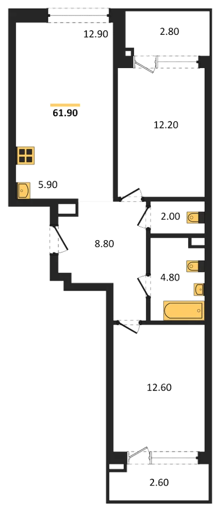 Планировка: 2-комн., 61,9 м²