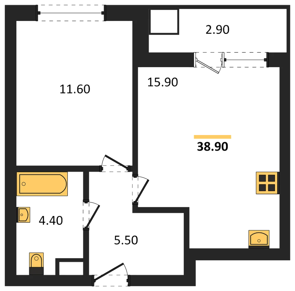 Планировка: 1-комн., 38,9 м²
