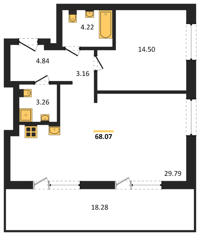 Планировка: 1-комн., 67,8 м²