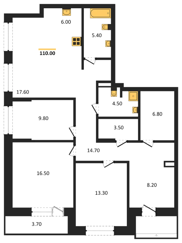 Планировка: 3-комн., 110 м²