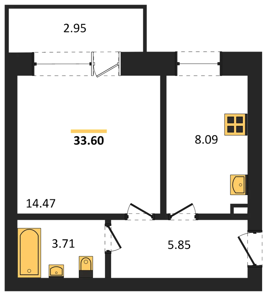Планировка: 1-комн., 33,6 м²
