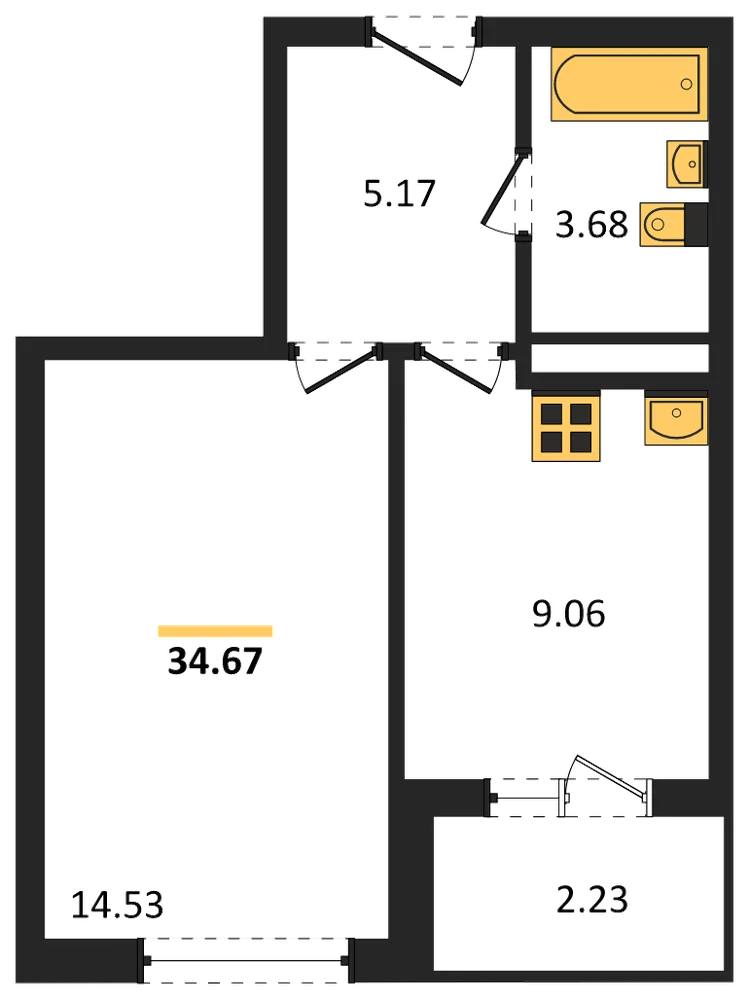 Планировка: 1-комн., 34,7 м²
