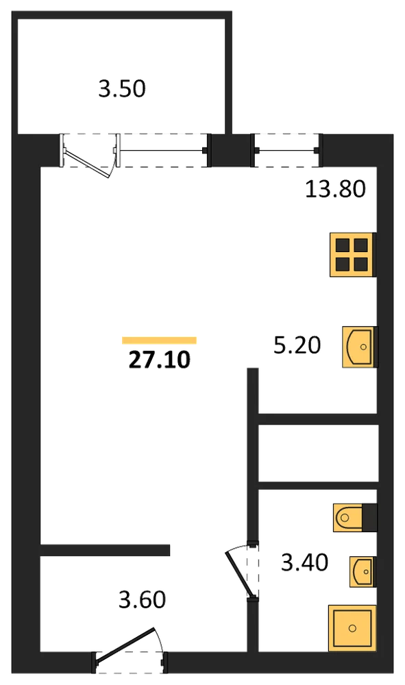 Планировка: Студия, 27,1 м²