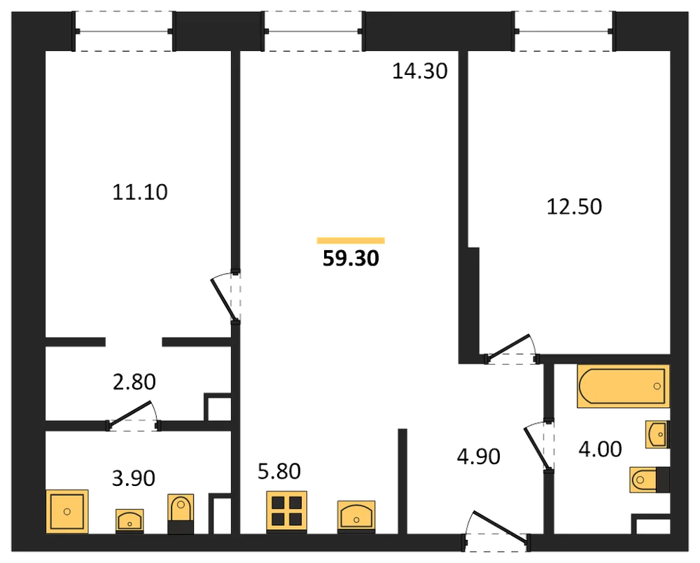 Планировка: 2-комн., 59,3 м²