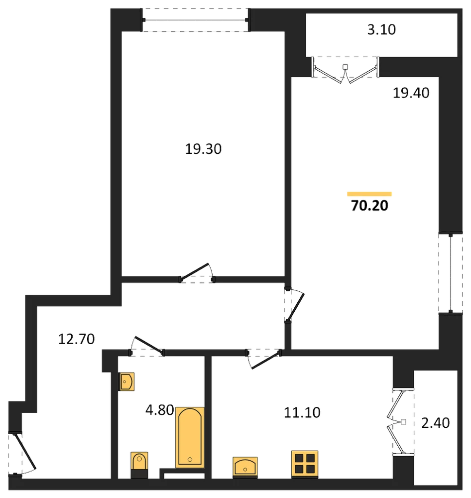 Планировка: 2-комн., 70,6 м²