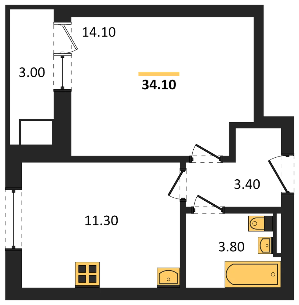 Планировка: 1-комн., 34,1 м²