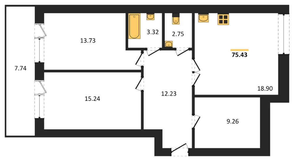 Планировка: 2-комн., 75,2 м²