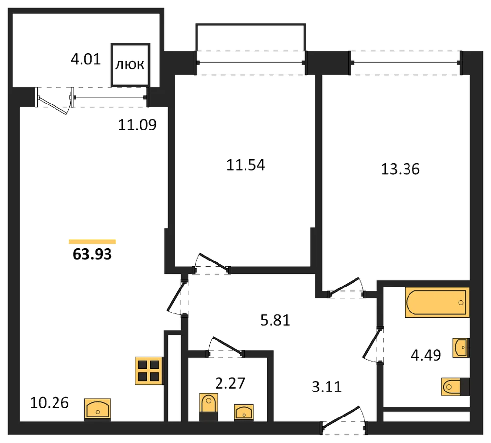 Планировка: 2-комн., 63,9 м²