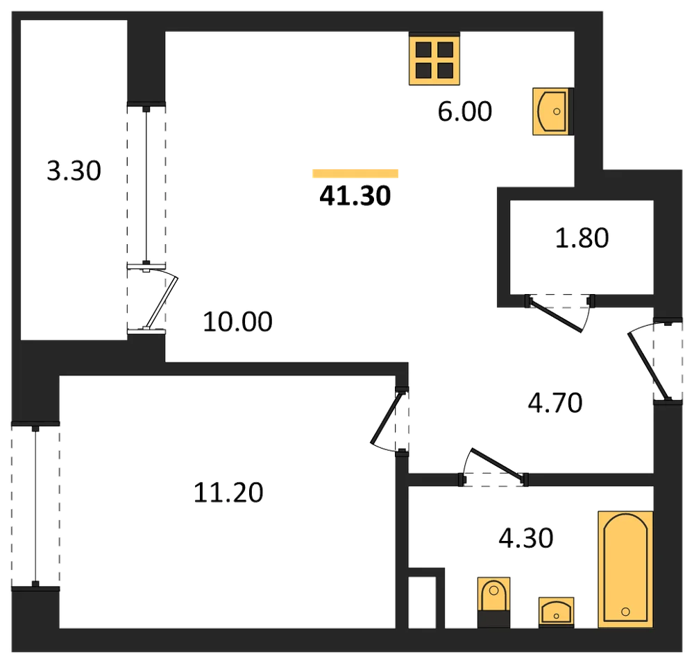 Планировка: 1-комн., 41,3 м²