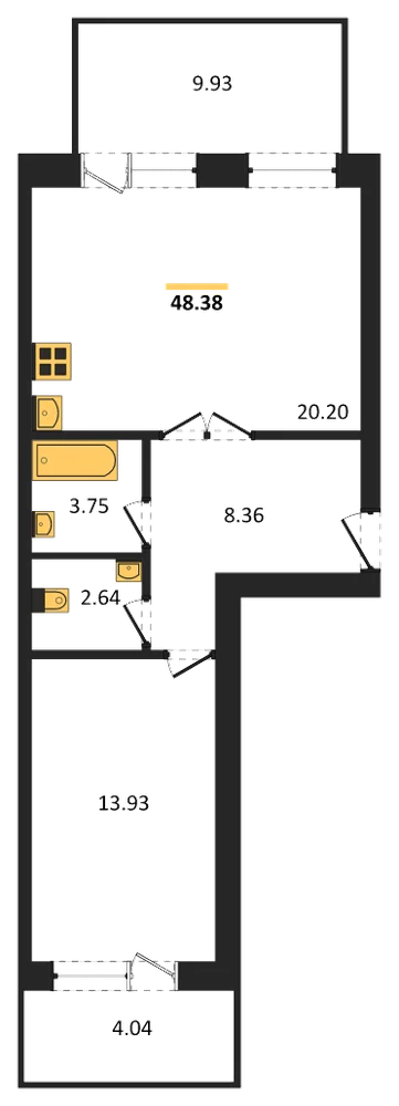 Планировка: 1-комн., 48,3 м²