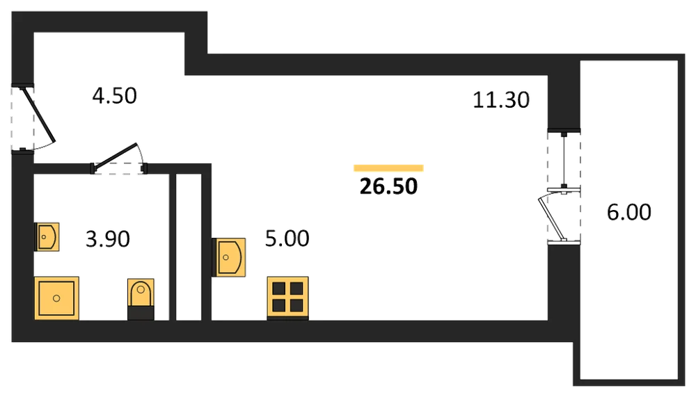 Планировка: Студия, 26,5 м²