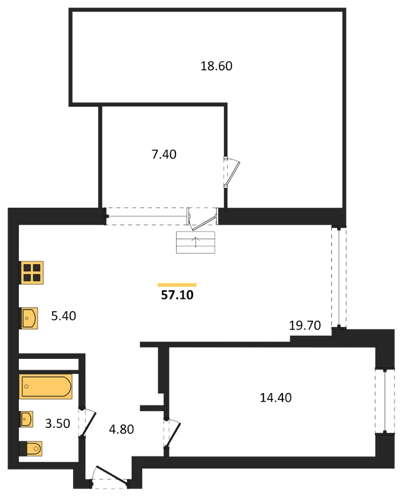 Планировка: 1-комн., 57,1 м²
