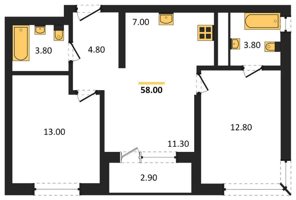 Планировка: 2-комн., 58 м²
