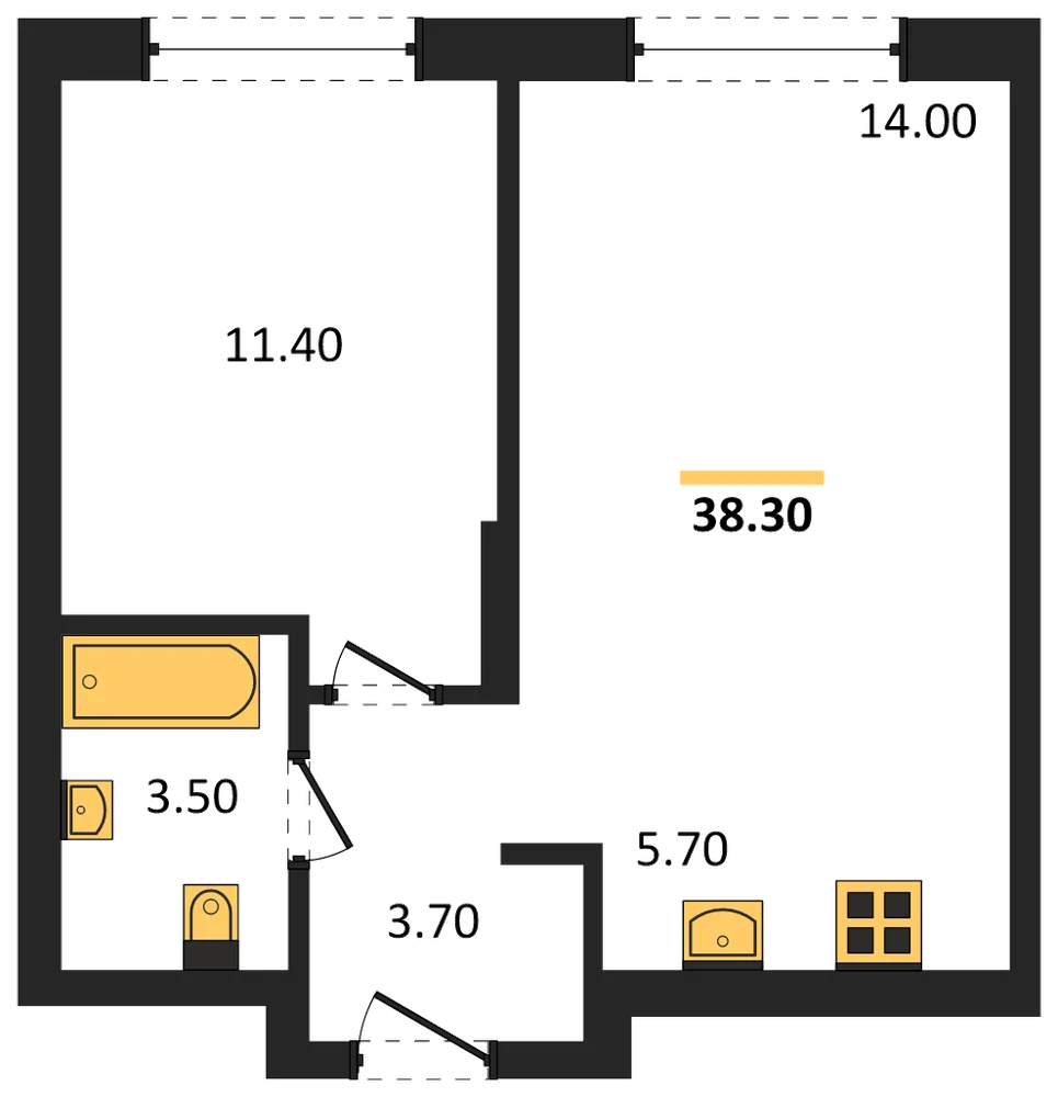 Планировка: 1-комн., 38,3 м²