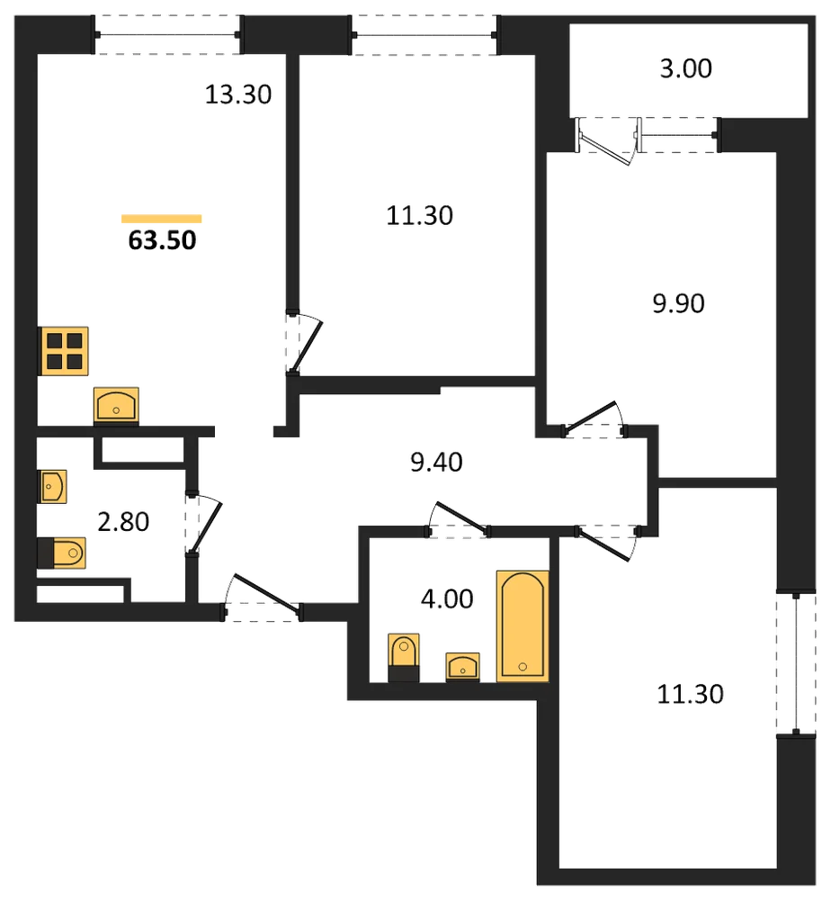 Планировка: 3-комн., 63,5 м²