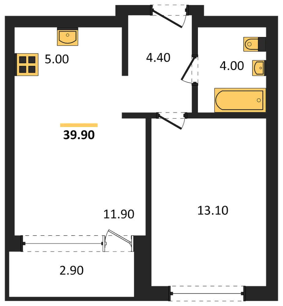 Планировка: 1-комн., 39,9 м²