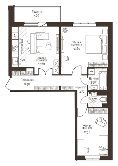 Планировка: 2-комн., 67,2 м²