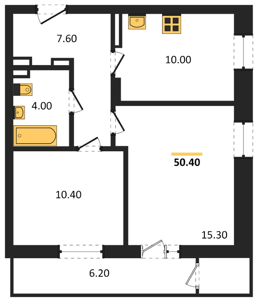 Планировка: 2-комн., 50,4 м²