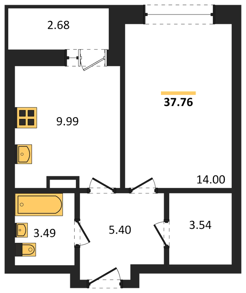 Планировка: 1-комн., 37,8 м²