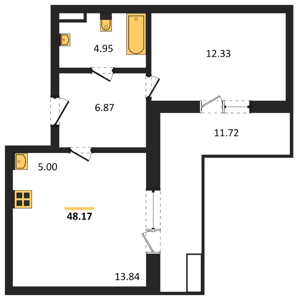 Планировка: 1-комн., 48,2 м²