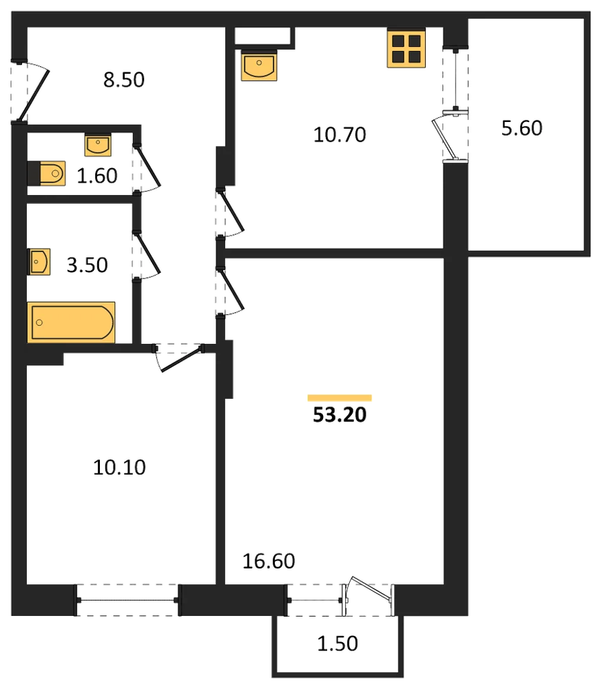Планировка: 2-комн., 53,2 м²