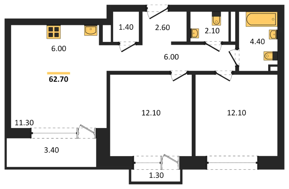 Планировка: 2-комн., 62,7 м²