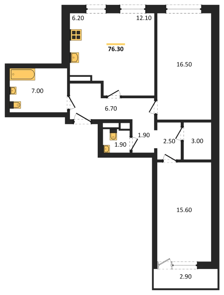 Планировка: 2-комн., 76,3 м²