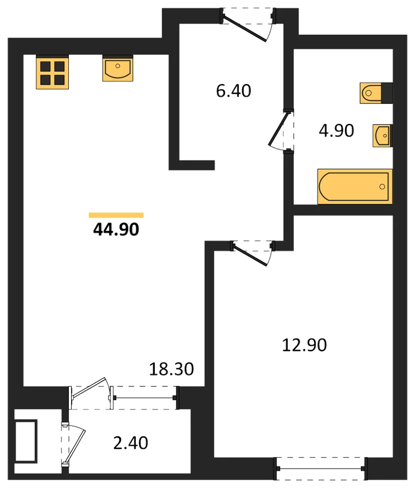 Планировка: 1-комн., 44,9 м²