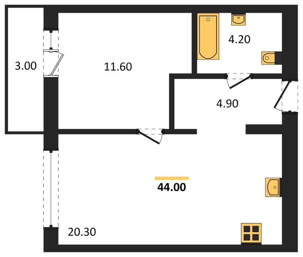 Планировка: 1-комн., 44 м²