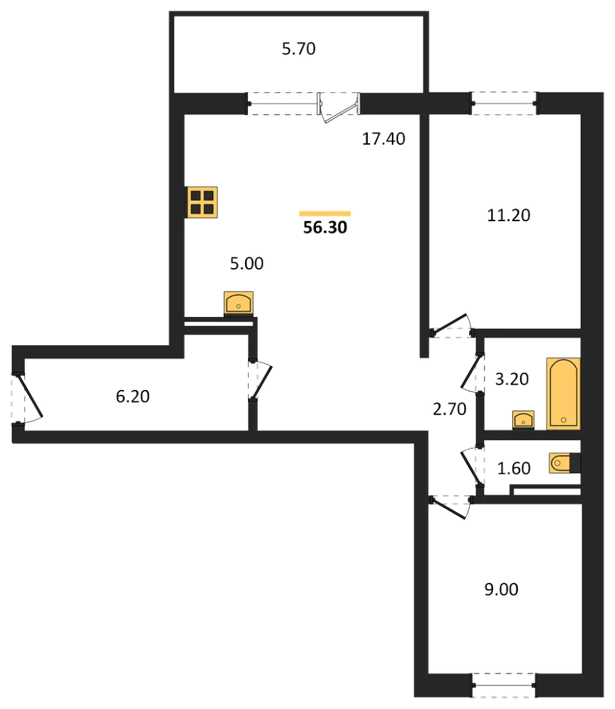 Планировка: 2-комн., 56,5 м²