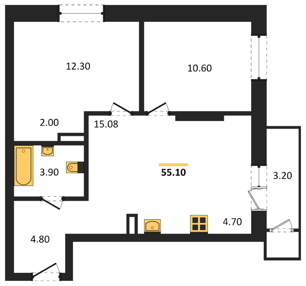 Планировка: 2-комн., 55,1 м²