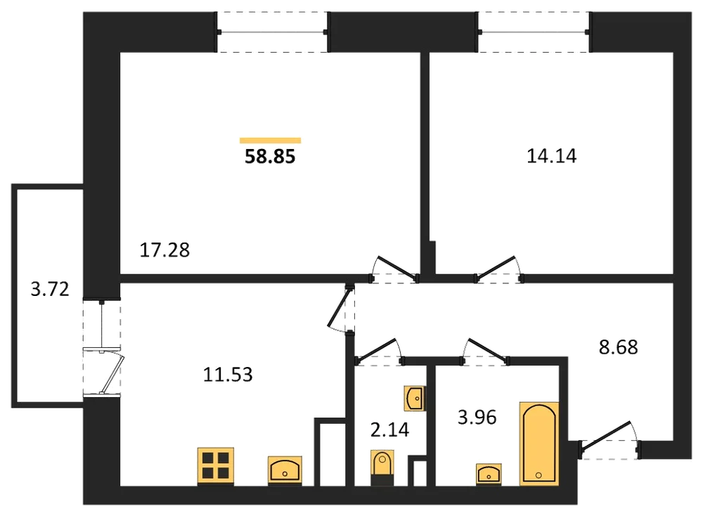 Планировка: 2-комн., 58,9 м²