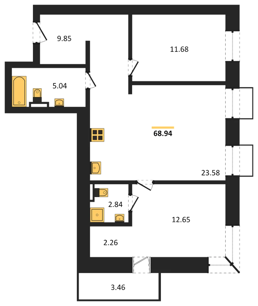 Планировка: 2-комн., 68,9 м²