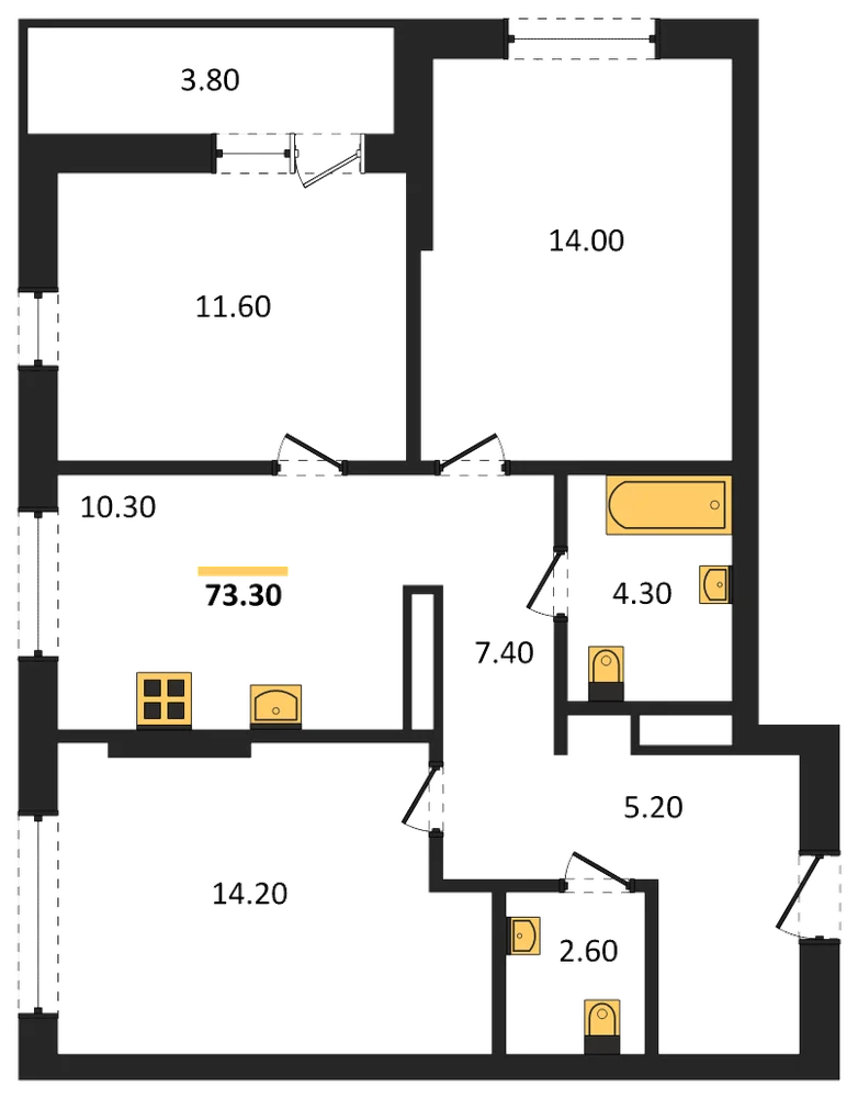 Планировка: 3-комн., 73,3 м²
