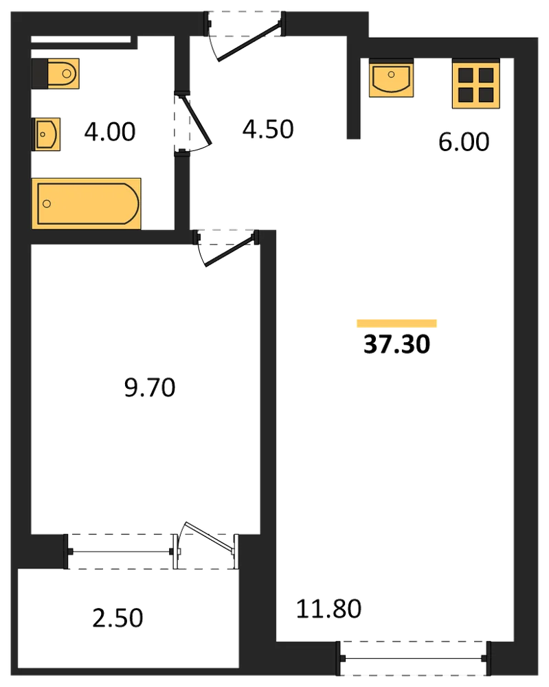 Планировка: 1-комн., 37,3 м²
