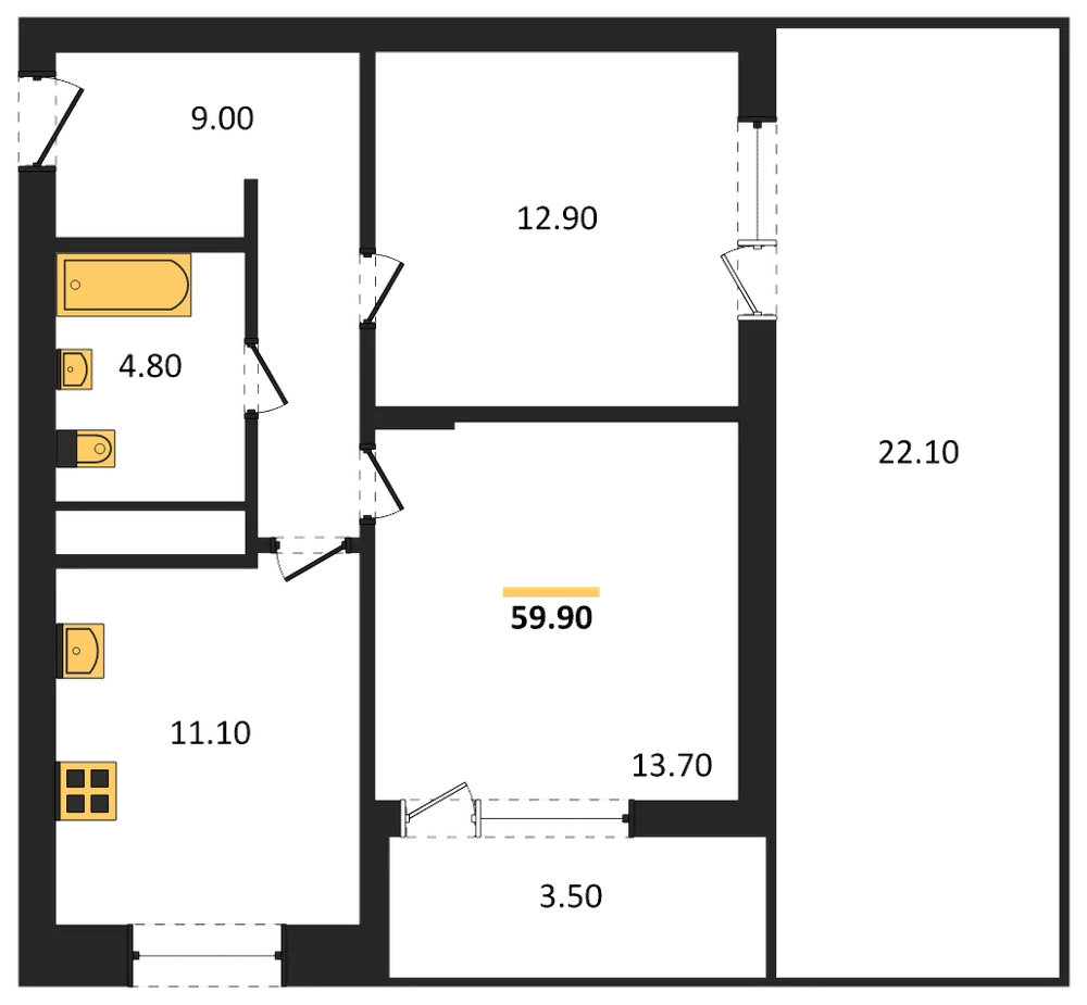 Планировка: 2-комн., 59,9 м²