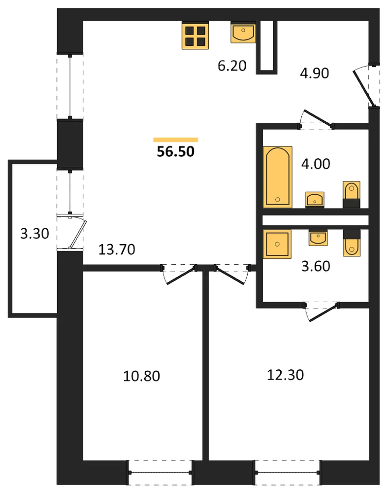Планировка: 2-комн., 55,4 м²