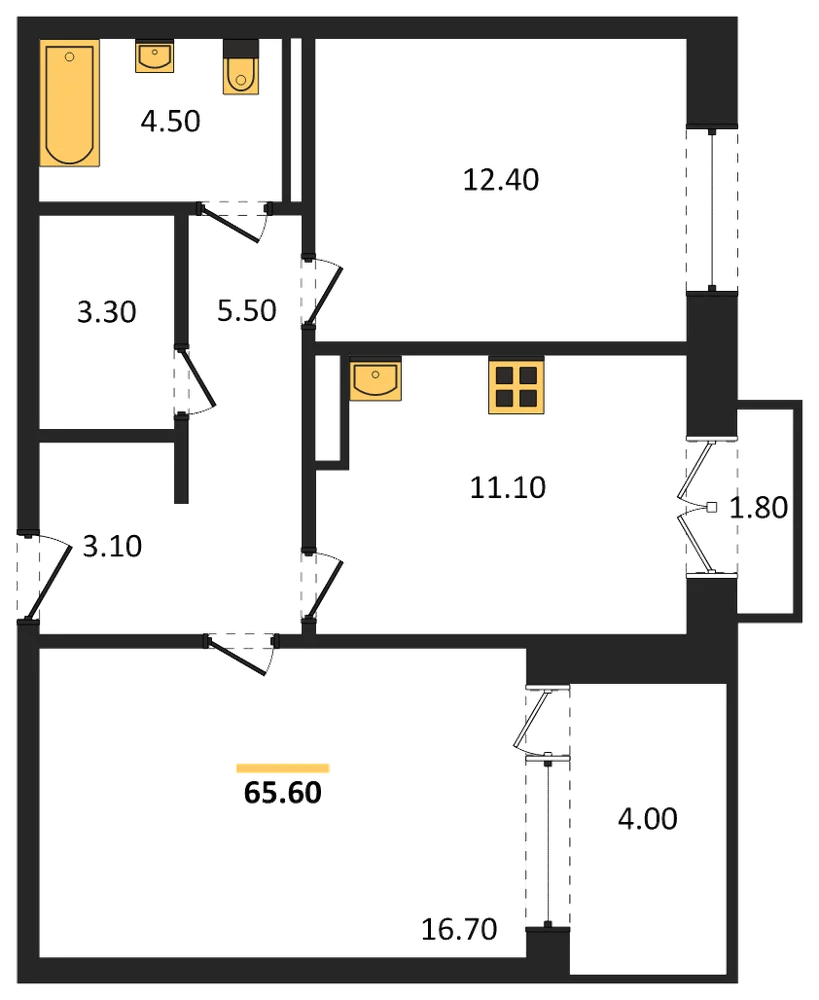 Планировка: 2-комн., 65,6 м²