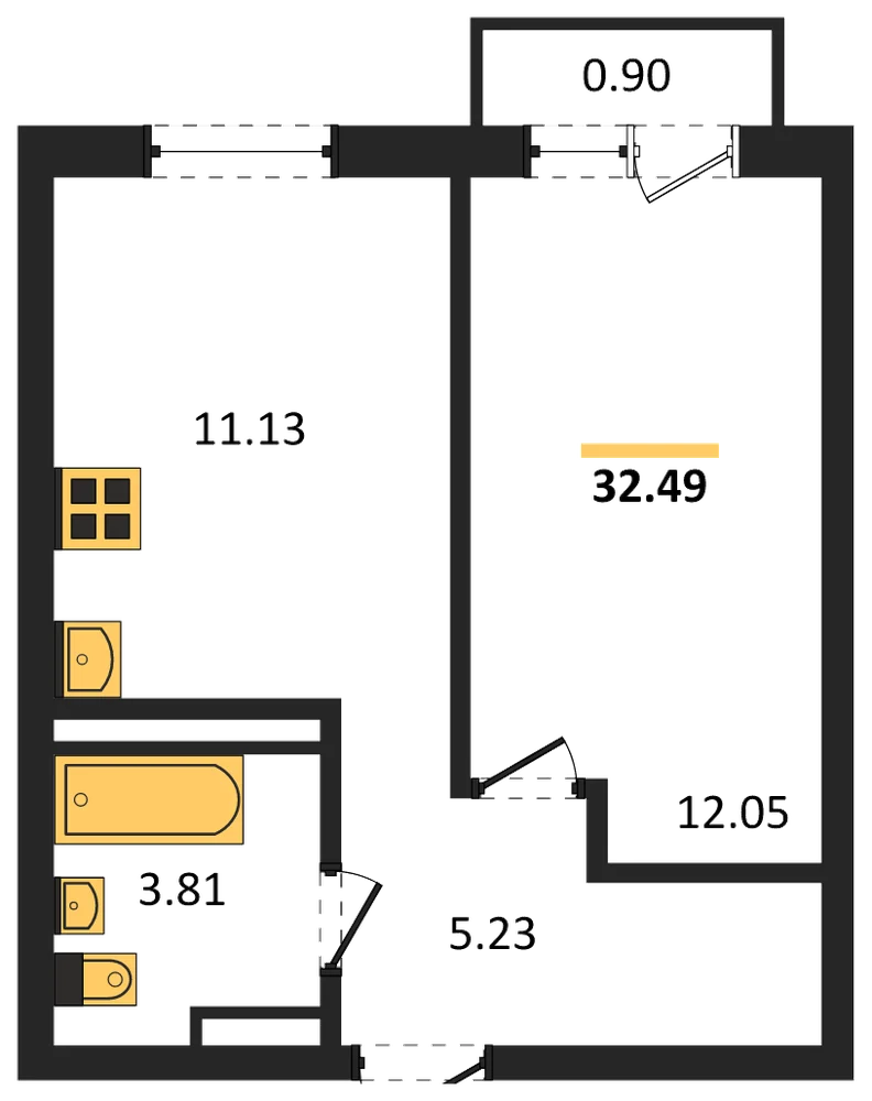 Планировка: 1-комн., 32,5 м²