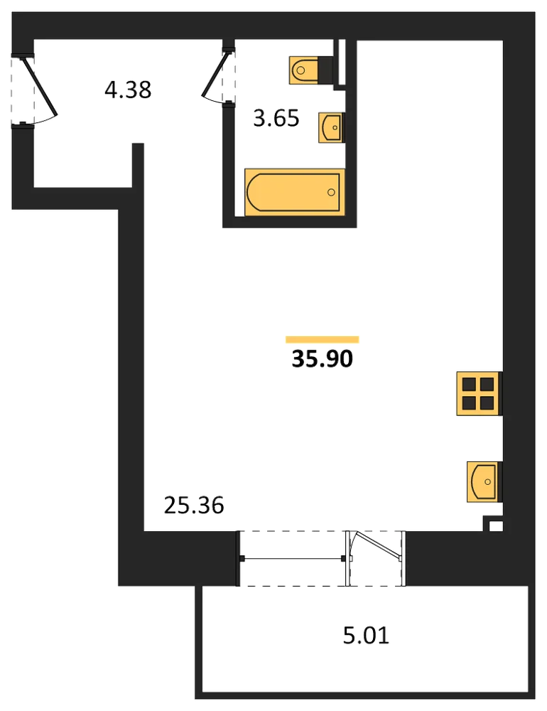 Планировка: Студия, 35,9 м²