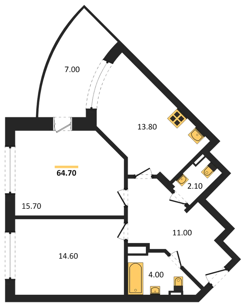 Планировка: 2-комн., 64,7 м²