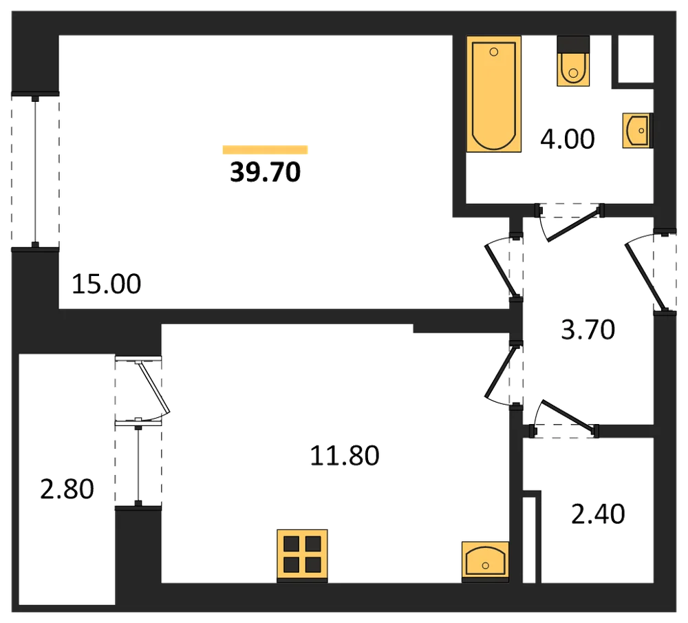 Планировка: 1-комн., 39,7 м²